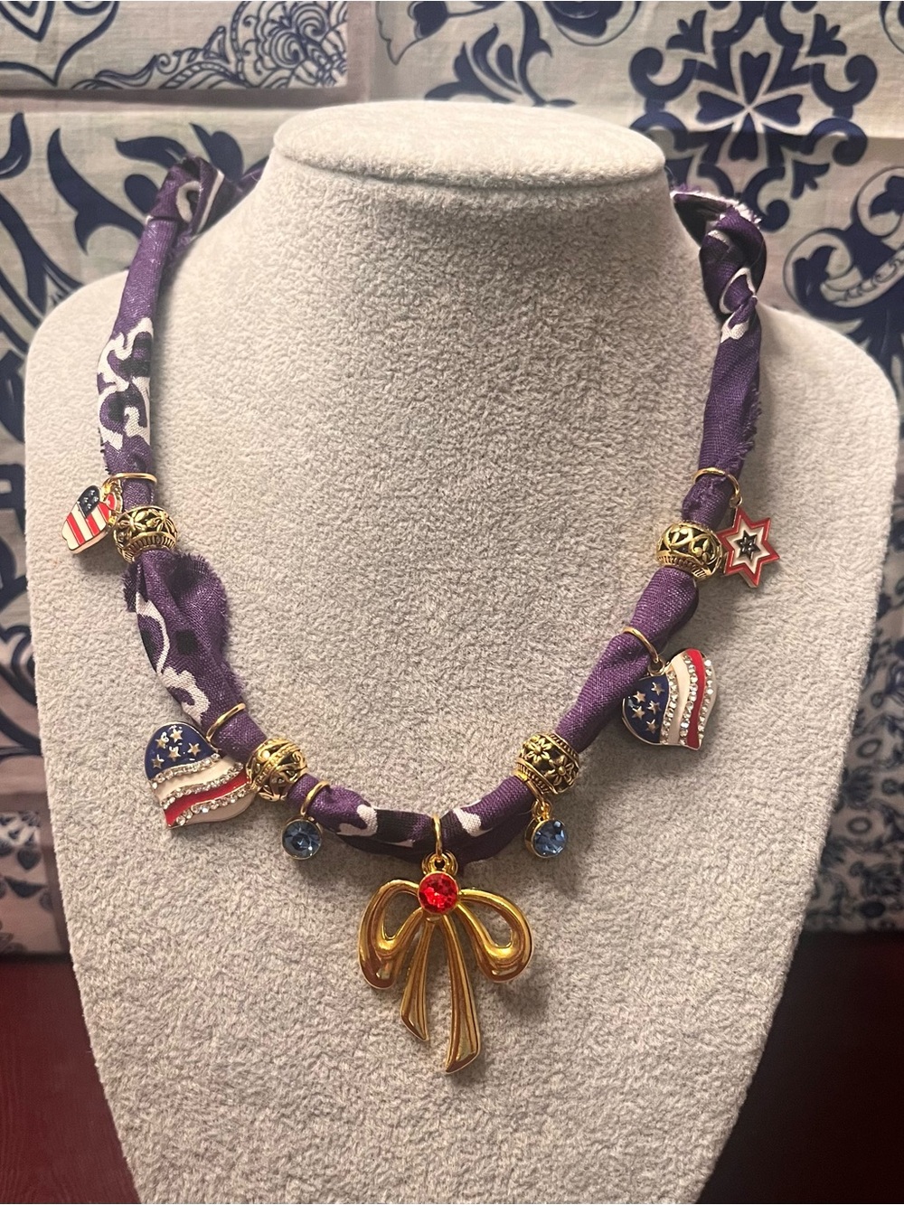 Navy Blue Patriotic Boho Bandana Charm Necklace, 28”